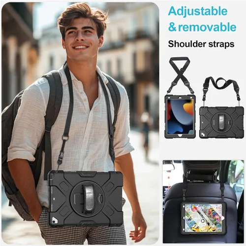 Vista 5 de Funda para iPad de 9ª/8ª/7ª generación de 10,2", color negro Shockproof Protective Silicone Cover with Rotatable Stand-Screen Protector-Handle
