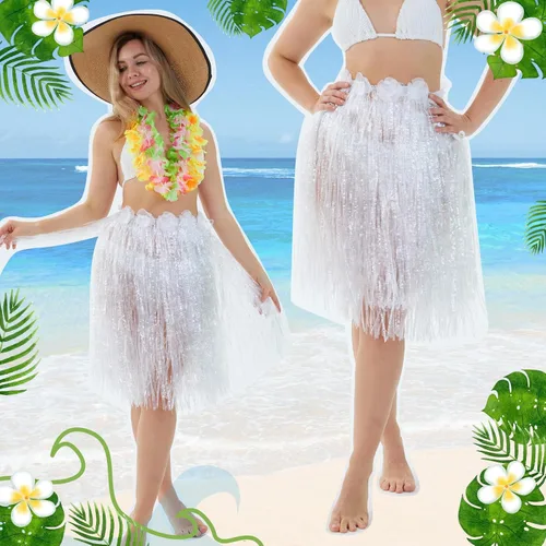 Vista 6 de 6 faldas hawaianas de hierba de Luau Hula de 24 pulgadas, vestido de Luau hawaiano blanco para boda, vestido hawaiano Luau elástico con flores