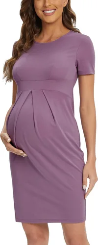 Vista 4 de AONESX Elegante vestido de maternidad de manga corta para uso casual, trabajo, vestido de baby shower, vestido de maternidad para sesión de fotos