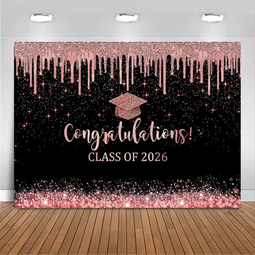 Vista 14 de Mocsicka Fondo de graduación de 7 x 5 pies 2026, decoraciones de graduación negro y dorado, pancarta de felicitaciones de graduación 2026, fondo