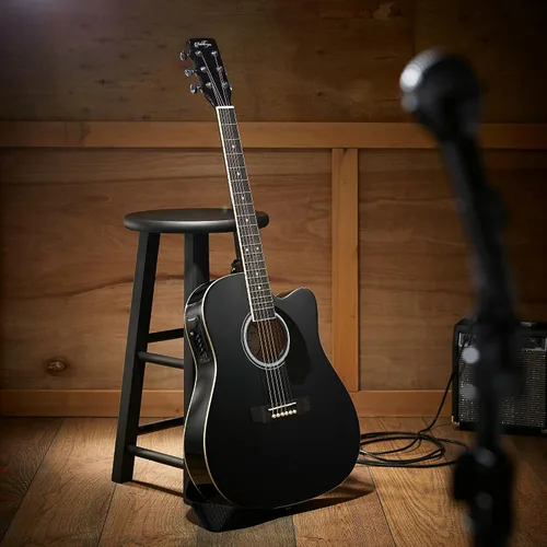 Vista 2 de Ashthorpe - Paquete de guitarra electroacústica estándar con diseño delgado con corte - de madera Tonewood de primera calidad Negro