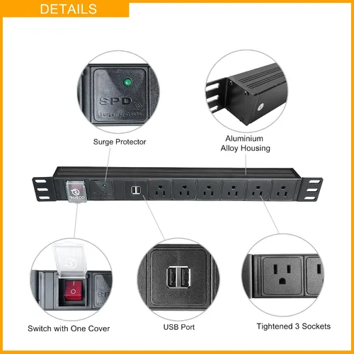 Vista 3 de RIVECO PDU 6 tomacorrientes con 2 puertos USB, regleta flexible de montaje en rack para gabinete de servidor de 19 pulgadas, con protector