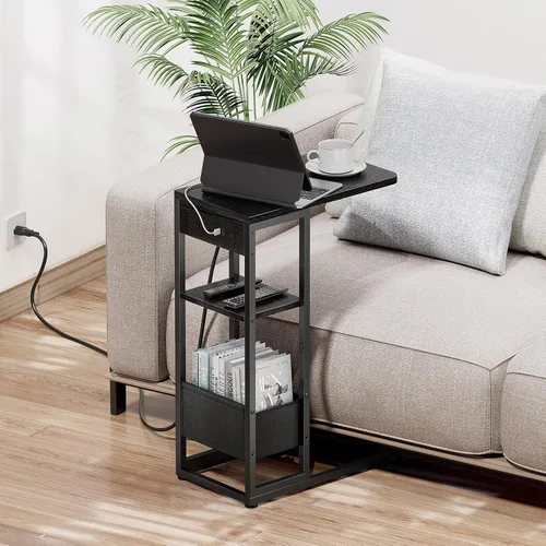 Vista 8 de Mesa auxiliar en forma de C con estación de carga, mesa lateral pequeña para sofá reclinable, mesas de aperitivos deslizables debajo del sofá