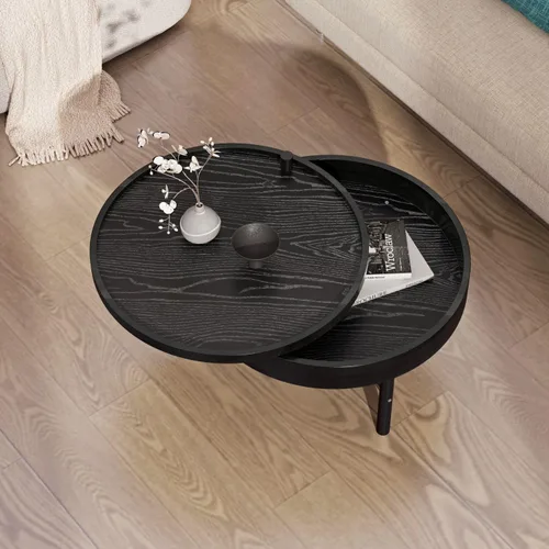 Vista 27 de KEVINSPACE Mesa auxiliar negra con borde dorado en la parte inferior, mesa de centro redonda para espacios pequeños, mesa auxiliar de madera mesita