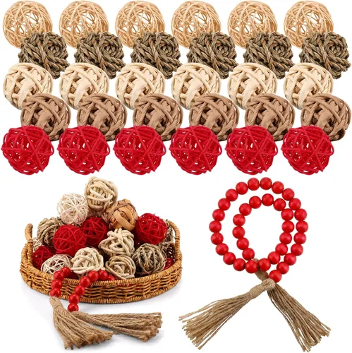 Vista 7 de Halloscume 31 piezas de bolas decorativas de mimbre y ratán con guirnalda de cuentas de madera de 30.3 pulgadas, centros de mesa, cuencos, orbes