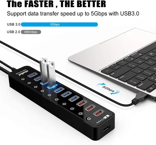 Vista 2 de Hub USB 3.0 alimentado, concentrador de datos USB 3.0 11 puertos, 7 puertos de datos USB 3.0 + 4 puertos de carga inteligente con interruptores