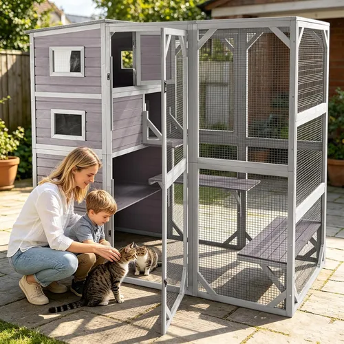 Vista 11 de Wooden Catio Outdoor Cat - Amplio condominio para gatos con 7 plataformas de escalada, 2 acogedoras casas de siestas, panel de ventana expandible