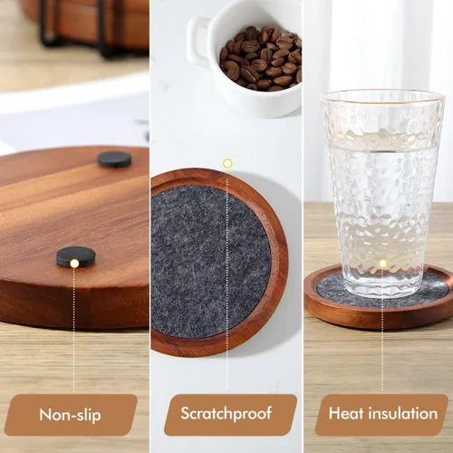 Vista 2 de Posavasos de madera de acacia para bebidas, 4.13 pulgadas, de fieltro de madera para mesa auxiliar, juego de 6 con soporte, posavasos apilables