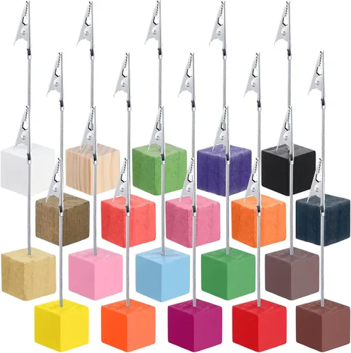 Vista 12 de Gersoniel 20 Piezas Soporte de Clip para Notas Base Cúbica con Clip de Cocodrilo Soporte de Números de Mesa de Madera Base Cúbica Soporte