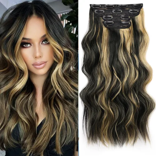 Vista 20 de Extensiones de cabello rubio con clip, de 22 pulgadas, extensiones de cabello largo y rizado con clip, 4 unidades, extensiones de cabello sintético