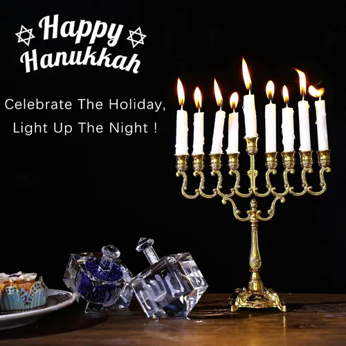 Vista 4 de YU FENG 7" 9 Branch Hanukkah Menorah, Gold Plated Candle Holder Menorá judía para Janucá, portavelas de Shabat, decoración tradicional navideña Oro