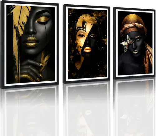 Vista 27 de MAMAGO Lienzo decorativo para pared, pintura de belleza dorada y negra, fotos de mujeres africanas, hermosos pósteres de mujer negra, impresiones