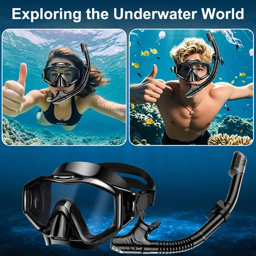 Vista 6 de Juego de snorkel para adultos, paquetes de esnórquel panorámico antivaho con esnórquel seco y gafas de natación para buceo, natación y esnórquel