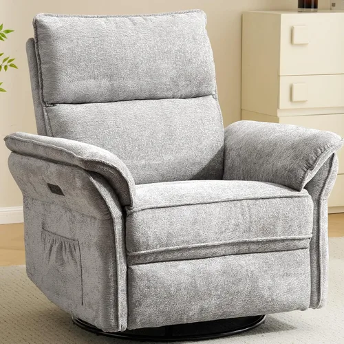 Vista 21 de Sillón reclinable giratorio de gran tamaño con reposacabezas ajustable, mecedora para guardería con reposabrazos sobrerelleno, silla reclinable Beige