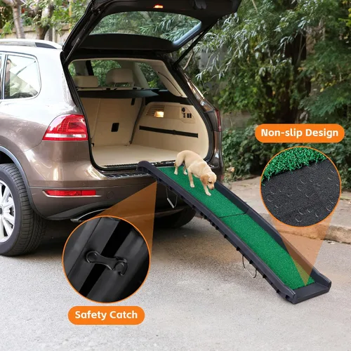 Vista 7 de Rampa plegable para perros para coche, camión, SUV de 61 pulgadas, rampa portátil para mascotas con acolchado de césped para perros grandes