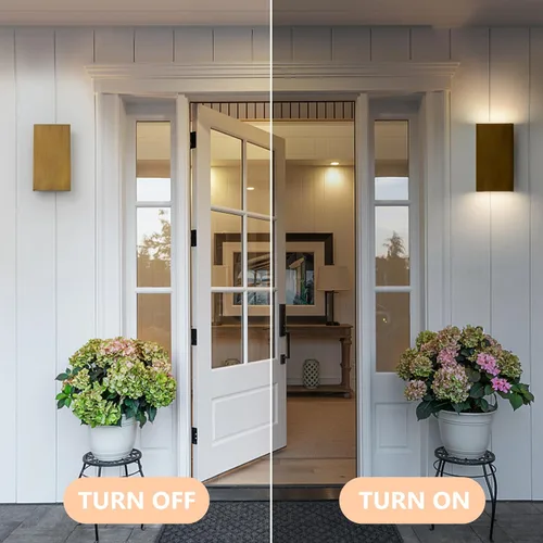 Vista 4 de Luces de pared doradas hechas a mano para exteriores, de 10 pulgadas, luces LED de pared para patio, accesorios de iluminación exterior Oro hecho a