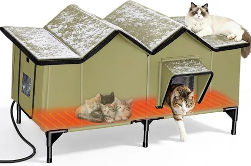Vista 12 de Casa climatizada para gatos en invierno exterior, casa para gatos climatizada extra grande, resistente a la intemperie, cama elevada, puerta
