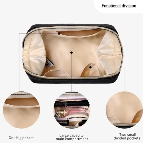 Vista 3 de Angelina's Palace Bolsa de maquillaje de viaje impermeable de cuero vegano, organizador de artículos de tocador oriental estilo retro, bolsa de Negro