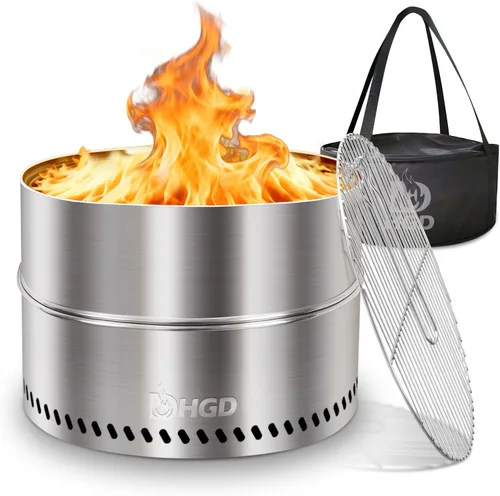 Vista 11 de HGD Chimenea sin humo de 20 pulgadas con parrilla, hoguera portátil de leña para acampar y patio trasero, chimenea de acero inoxidable al aire libre