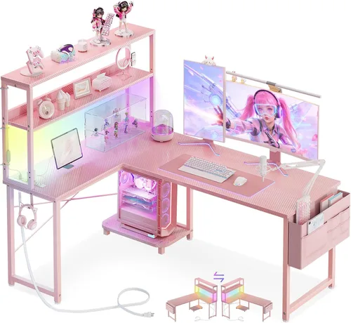 Vista 10 de AODK Escritorio en Forma de L para Gaming con Luz LED y Toma de Corriente, Mesa de Computadora Reversible en Forma de L de 43 Pulgadas con Estante