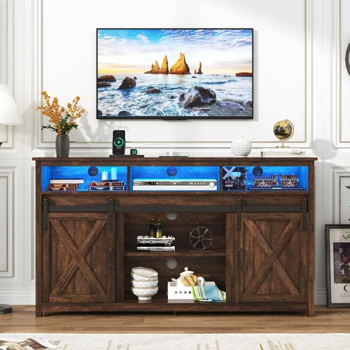 Vista 2 de Soporte de TV LED Estilo Casa de Campo para TVs de 65 pulgadas, Centro de Entretenimiento Rústico Soportes de Gabinete de TV con Tomas de Corriente