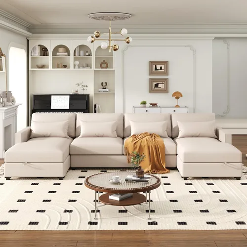 Vista 12 de Quarte Sofá seccional en forma de U, sofá modular con dos asientos individuales, dos sillas, combinación de bricolaje, tela de hilo en bucle Beige/5