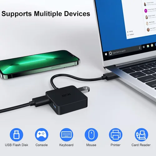 Vista 7 de ICZI central de USB con 4 puertos USB 3.0, central de datos para Mac, Windows y otras laptops., Negro