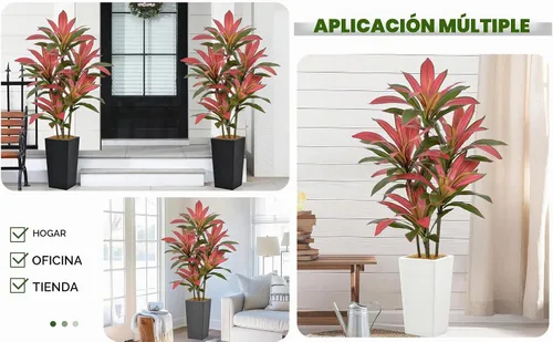 Vista 8 de Roselywed - Árbol de Dracaena artificial rojo de 5 pies, 90 hojas y maceta Maceta alta gris