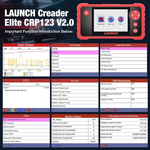 Vista 7 de LAUNCH CRP123 V2.0 Elite Escáner OBD2, herramienta de diagnóstico para auto 2025 Nuevo motor/ABS/SRS/transmisión con restablecimiento
