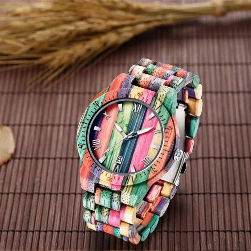 Vista 2 de Relojes de madera para hombre hechos a mano coloridos de madera de bambú analógico de cuarzo para hombre reloj de madera