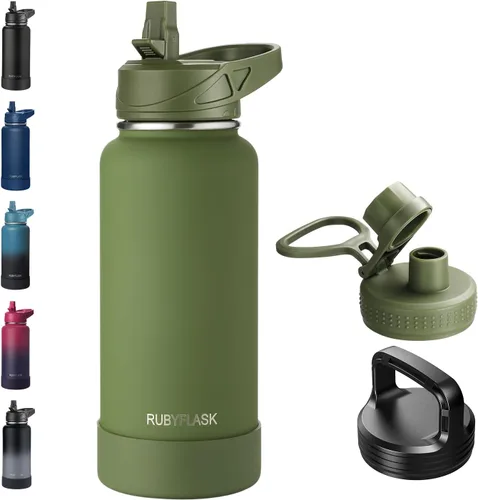 Vista 24 de RUBYFLASK - Botella de agua aislada con pajilla, jarra de agua al vacío de acero inoxidable, 24 onzas, botella con 3 tapas a prueba de fugas