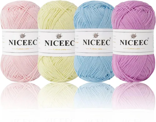 Vista 26 de NICEEC 4 madejas de hilo de algodón suave para bebé, 4 capas, manualidades DIY, peso fingering, hilo para manta para ganchillo y tejido, total 700