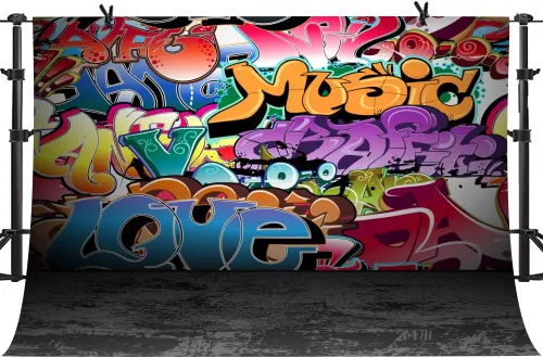 Vista 7 de Telones de fondo de fotografía de graffiti de 5 x 3 pies, colorido hip hop urbano temática sesión de fotos de regreso a la fiesta temática