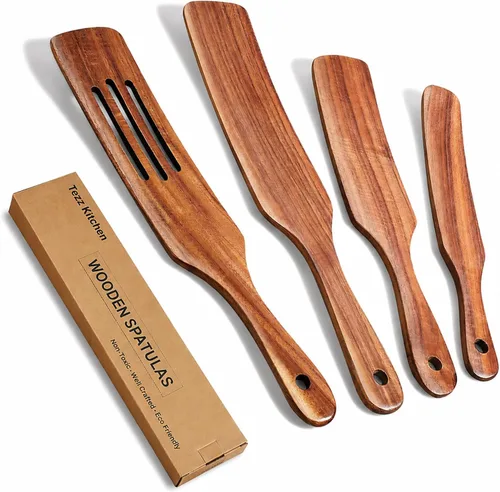 Vista 6 de Juego de espátulas, utensilios de cocina de madera de acacia natural de 2 piezas, cucharas de madera para cocinar, agitar, mezclar y servir