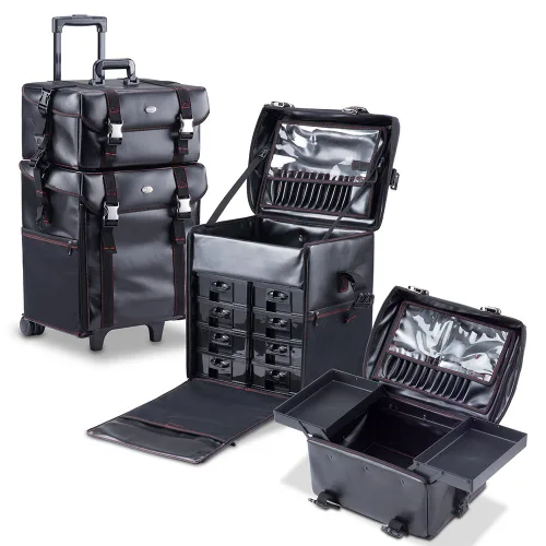 Vista 7 de Maquillador profesional 2 en 1 Rolling Maquillaje Tren Estuche Organizador Cosmético Carro Suave con Cajones de Almacenamiento y Hebillas de Metal