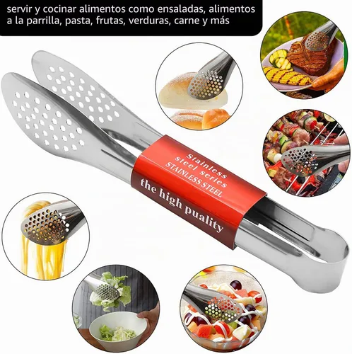 Vista 4 de Paquete de 6 pinzas para bufé, pinzas de acero inoxidable para servir utensilios de 7 pulgadas 6-piece silver set with perforated tips for salads