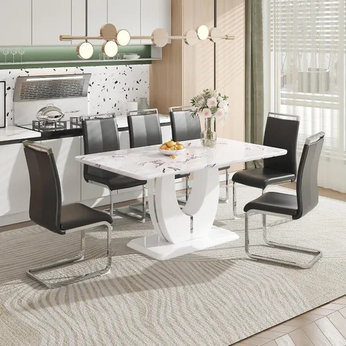 Vista 8 de JUFU Moderno juego de mesa de comedor de mármol sintético de 63 pulgadas para 6, mesa de cocina rectangular con base de pedestal en forma de U