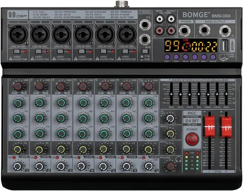 Vista 10 de BOMGE 06A Mezclador de audio DJ profesional de 6 canales, controlador de DJ mezclador de sonido con 99 efectos DSP, ecualizador de 7 bandas
