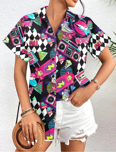 Vista 5 de Trajes de los años 80 y 90 para mujer, camisa retro de fiesta de discoteca de los 80, camiseta de manga corta con botones, blusa de los años 90