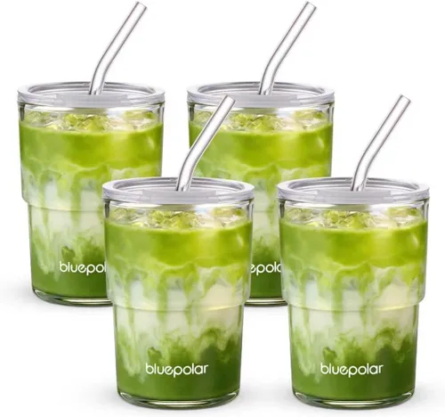 Vista 13 de BLUEPOLAR Vaso de Agua de Vidrio de 13oz/400ml con Pajita y Tapa Sellada para Llevar Pared Gruesa Taza de Café Helado Vaso de Vidrio para Agua, Té
