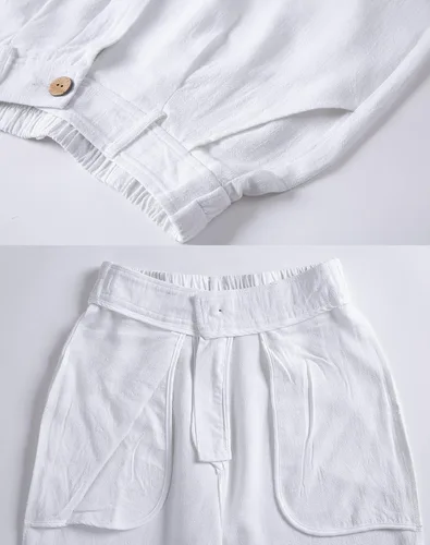 Vista 4 de heipeiwa Pantalones de mujer de lino casual de cintura alta de pierna ancha estilo recto de algodón y lino con botones