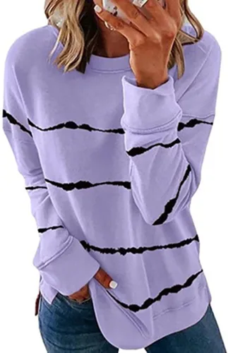 Vista 2 de Ceboyel Sudadera de cuello redondo para mujer, diseño a rayas, con bloques de color, manga larga, sin botones, ropa de moda de otoño