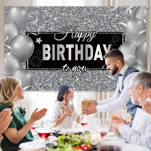 Vista 3 de Sumind Cartel de feliz cumpleaños negro y plateado para decoración de fiesta de cumpleaños para hombres y mujeres, suministros de decoración