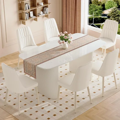 Vista 2 de TesNus Mesa de comedor blanca de 67 pulgadas para 6, moderna mesa de cocina ovalada con esquinas redondeadas, parte superior de mármol sintético