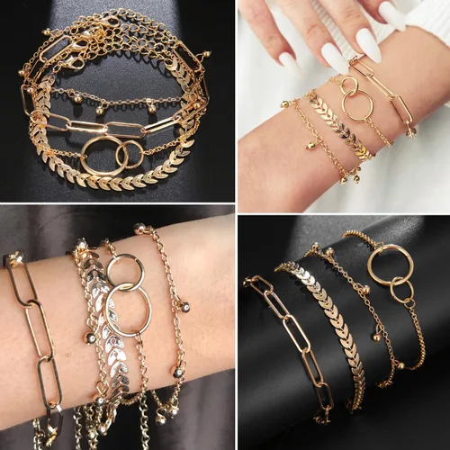 Vista 5 de 17IF 6 Pack Dainty Boho Gold Silver Chain Bracelets Set for Women Girls Stackable Chunky Multipack Layered Bangles Adjustable Flat Cuff Cuban Punk