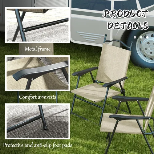 Vista 6 de Outsunny Sillas plegables para patio, juego de 4 sillas deportivas para adultos, sillas de camping con reposabrazos, asiento de tela de malla Beige