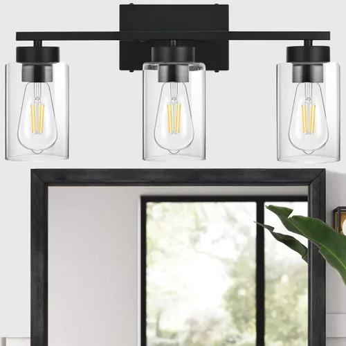 Vista 7 de Lámpara de tocador de baño de 3 luces, modernas luces de pared negras con pantallas de vidrio transparente, lámpara de pared de baño para espejo 3
