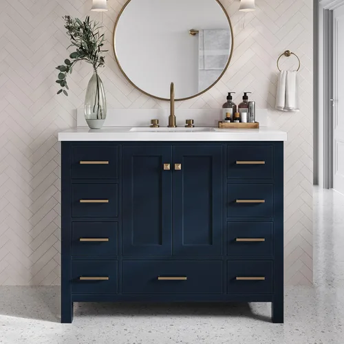 Vista 9 de DKB Isabella - Mueble de baño negro de 42 pulgadas con fregadero, lavabo rectangular, encimera de cuarzo blanco puro y protector contra salpicaduras