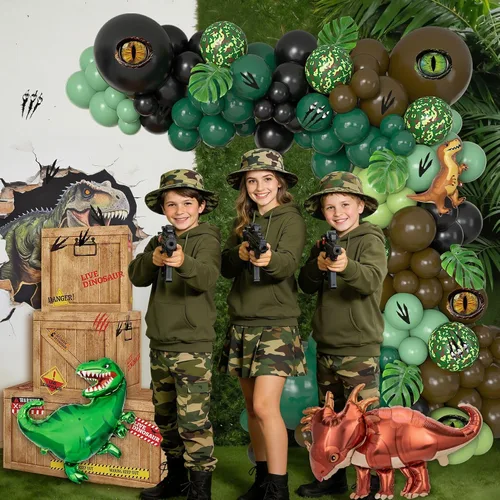 Vista 6 de Decoraciones de fiesta de cumpleaños de dinosaurios con 4 cajas temáticas de dinosaurios verde, marrón y negro, kit de arco de globos de papel