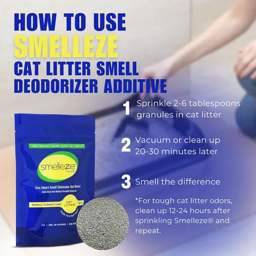Vista 5 de SMELLEZE Aditivo desodorante eliminador de olores de arena natural para gatos: 2 lb. Elimina fuerte olor a orina y hedor de excrementos. Cambia